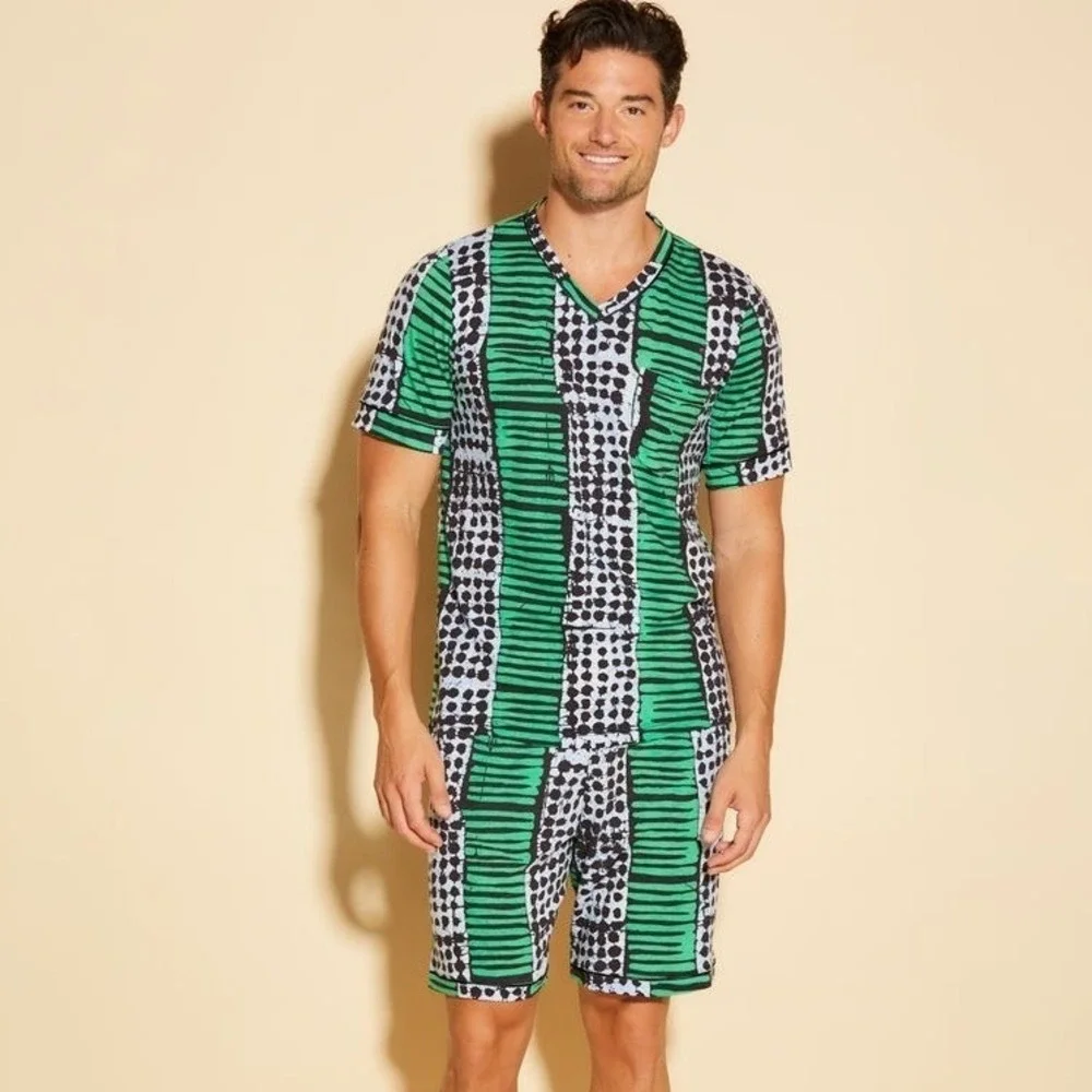 Cosabella Studio 189 Mens Pajama Set Green Black Batik Print SS Top Shorts